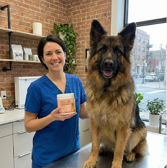 Profesional veterinaria junto a un perro