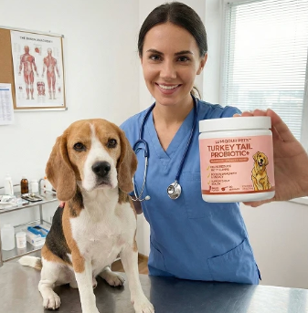 Profesional veterinaria junto a un perro senior
