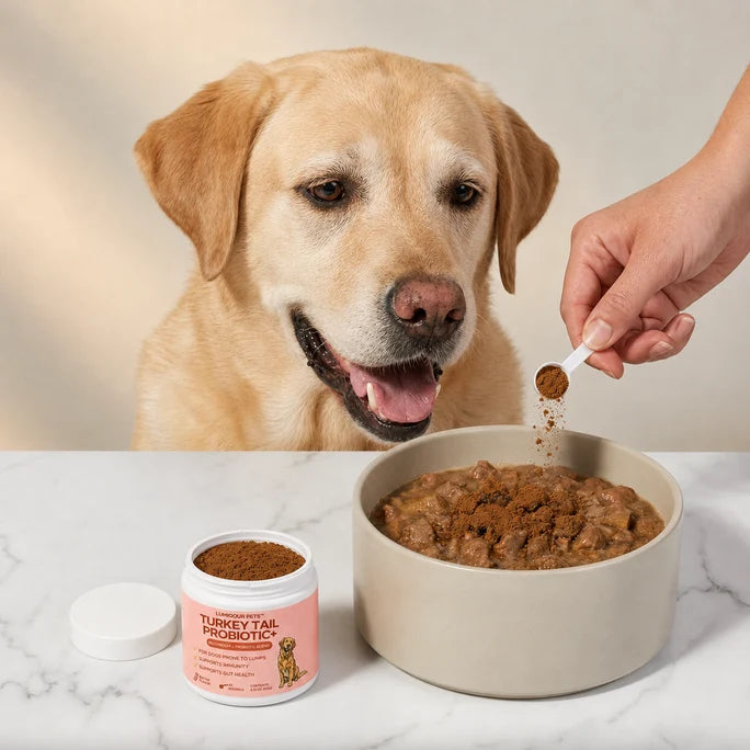 Perro junto a su comida con el producto